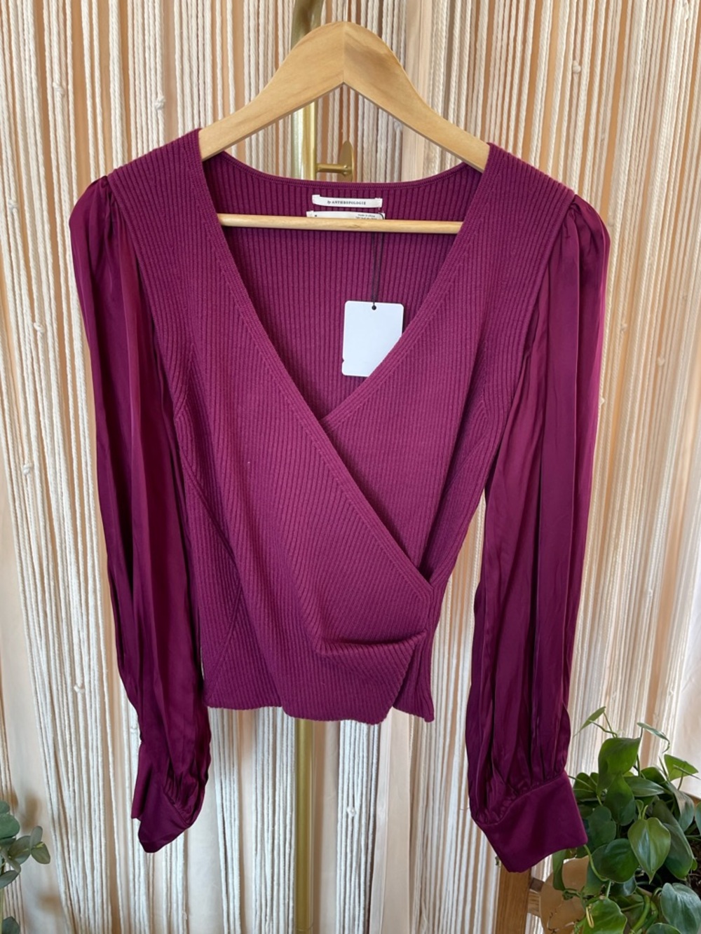 Anthropologie Twofer Faux-Wrap Sweater fuchsia ribbed bodice & viscose sleeves.